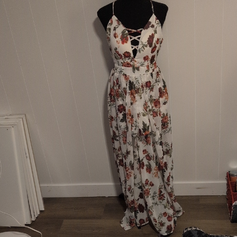 Ambiance Floral Lace-Up Jumpsuit - Red and Green on White